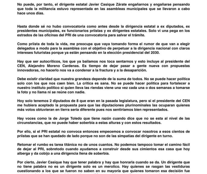 Asambleas, un engaño a militancia del PRI: Javier Villacaña