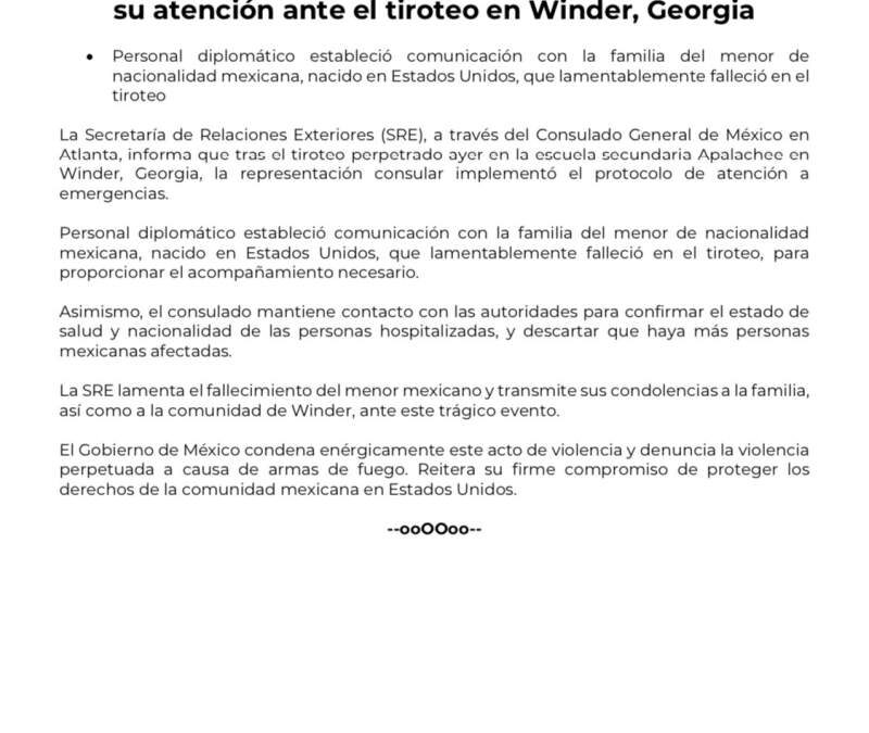 Lamenta gobierno de México muerte de un menor de nacionalidad mexicana en tiroteo en EEUU