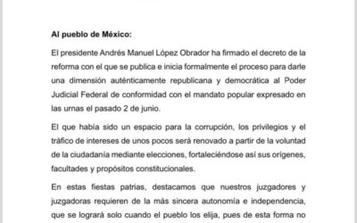 Morena se congratula por la publicación de la reforma al poder judicial