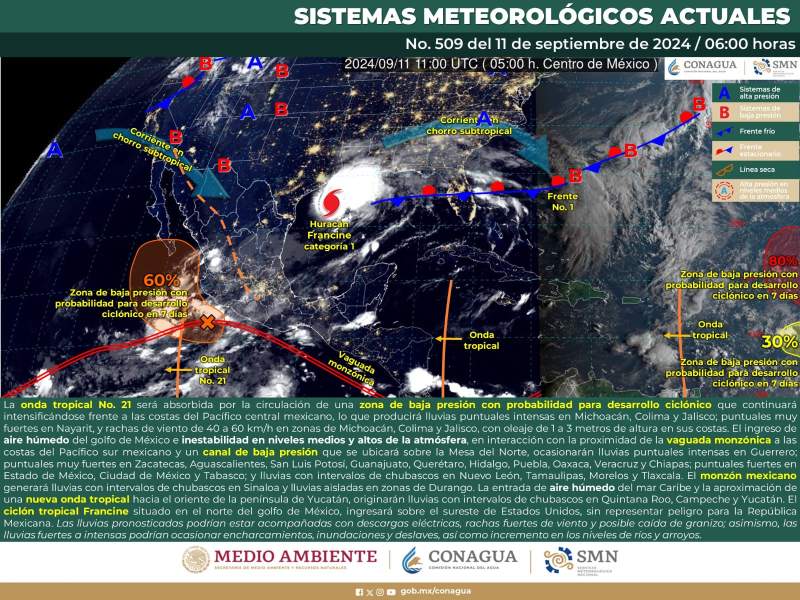 Se pronostican lluvias intensas en Jalisco, Colima, Michoacán y Guerrero