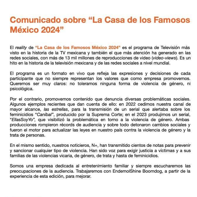 Televisa mediante un comunicado señala ajustes sobre su reality “Casa de los Famosos”