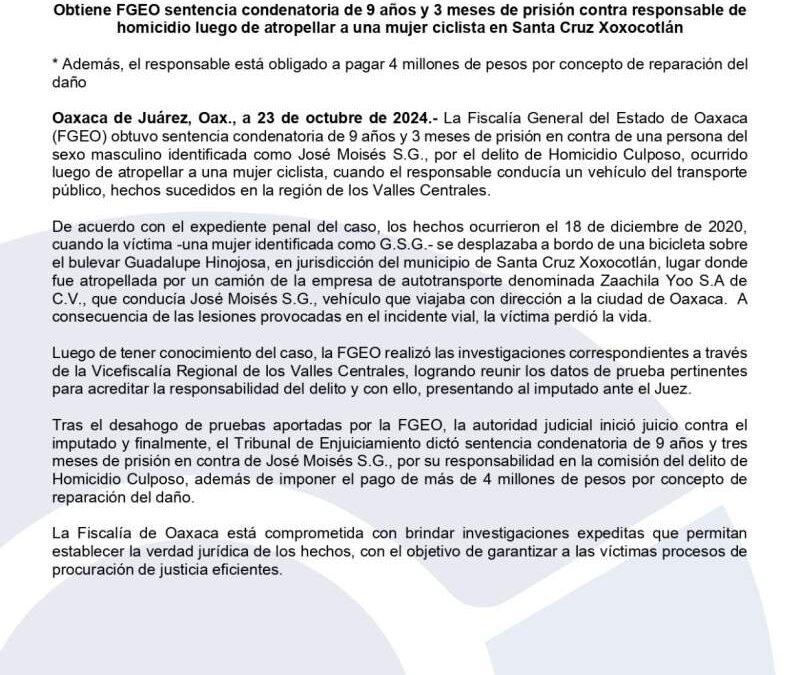 Dan 9 años de prisión a responsable de atropellar a ciclista en Xoxocotlán