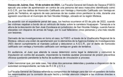 Fiscalía de Oaxaca aprehende a una persona por emboscada en la que murieron cinco personas, en la Mixteca