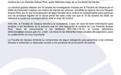 Fiscalía de Oaxaca solicita colaboración de la ciudadanía para ubicar a familiares de persona fallecida en accidente