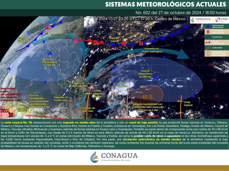 Pronostican lluvias muy fuertes a intensas en Veracruz, Oaxaca, Chiapas y Tabasco por onda tropical No. 28