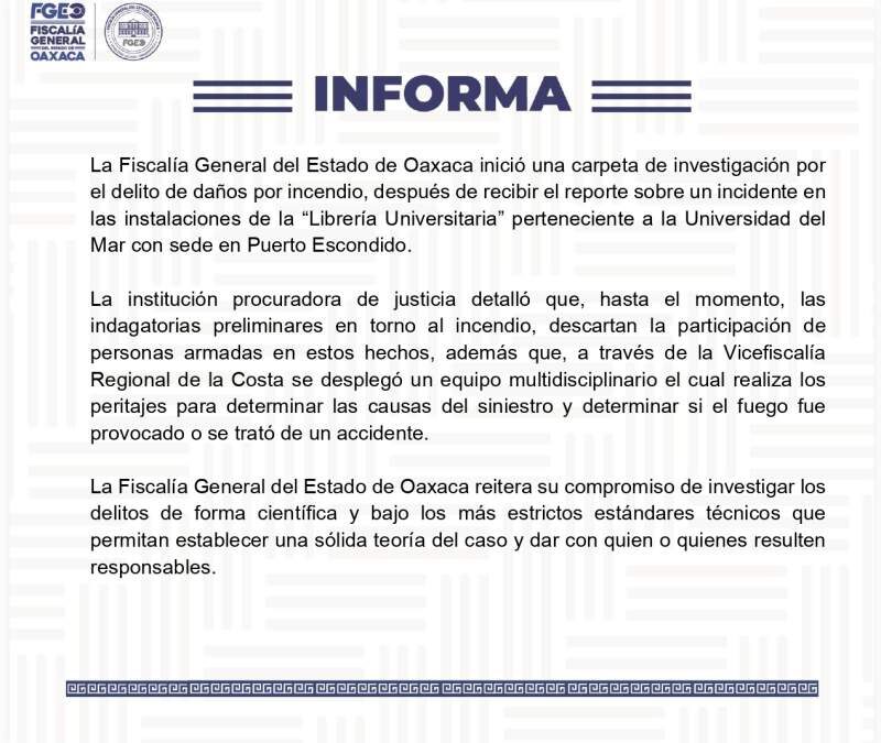 Se investigan causas de incendio en librería de UMAR; descarta Fiscalía participación de personas armadas