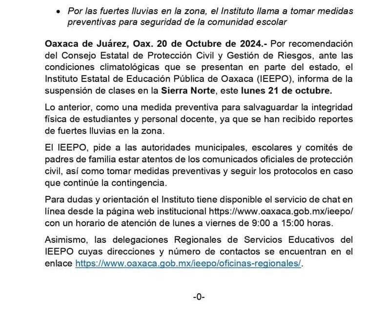 Suspende IEEPO actividades educativas en la sierra norte de Oaxaca