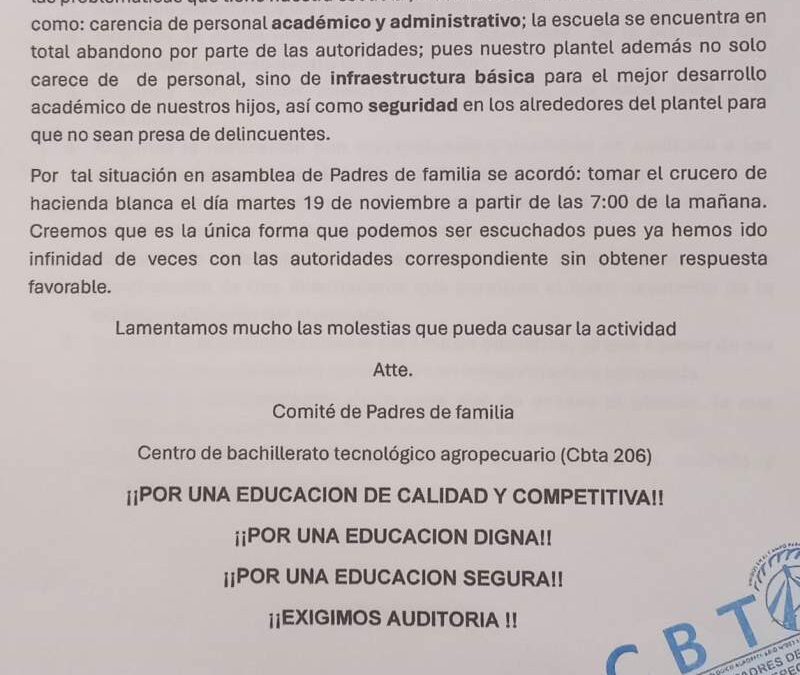 Advierte CBTA bloqueo en Hacienda Blanca este martes