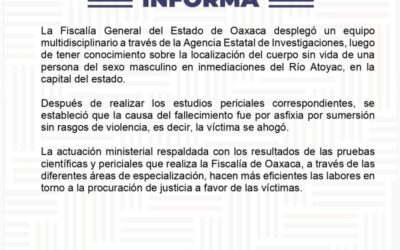 Ahogamiento causa de muerte de persona localizada en el Río Atoyac: Fiscalía