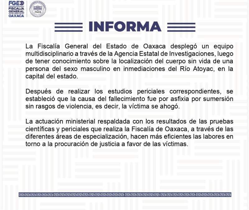 Ahogamiento causa de muerte de persona localizada en el Río Atoyac: Fiscalía