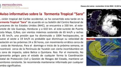 Aviso informativo sobre la Tormenta Tropical “Sara”