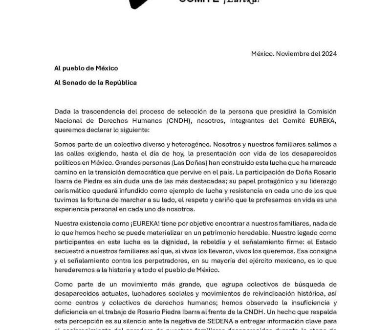 Comité Eureka, pide replantear la terna de aspirantes a la CNDH