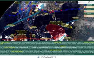 Durante este día, el frente frío No. 7 se desplazará sobre el noroeste del país, originando intensas rachas de viento y posible caída de aguanieve o nieve en Sonora y Chihuahua