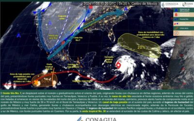 El frente frío No. 7 se desplazará sobre el noreste y oriente de México, ocasionando lluvias fuertes a muy fuertes en dichas regiones