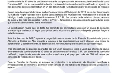 FGEO colabora con el estado de Hidalgo y logra pena de 40 años de prisión contra responsable de homicidio de tres personas ocurrido en el bar «El Caballo Negro»