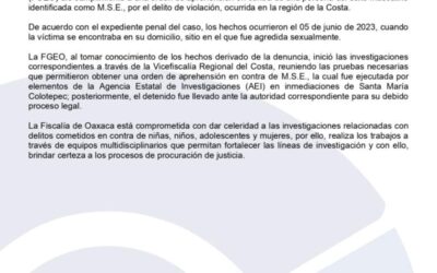 Fiscalía de Oaxaca ejecuta orden de aprehensión por el delito de violación ocurrida en la Costa