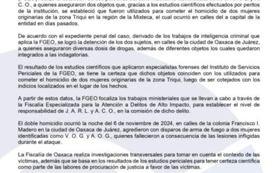 Fiscalía detiene a dos personas y asegura objetos utilizados para cometer homicidio de mujeres triquis