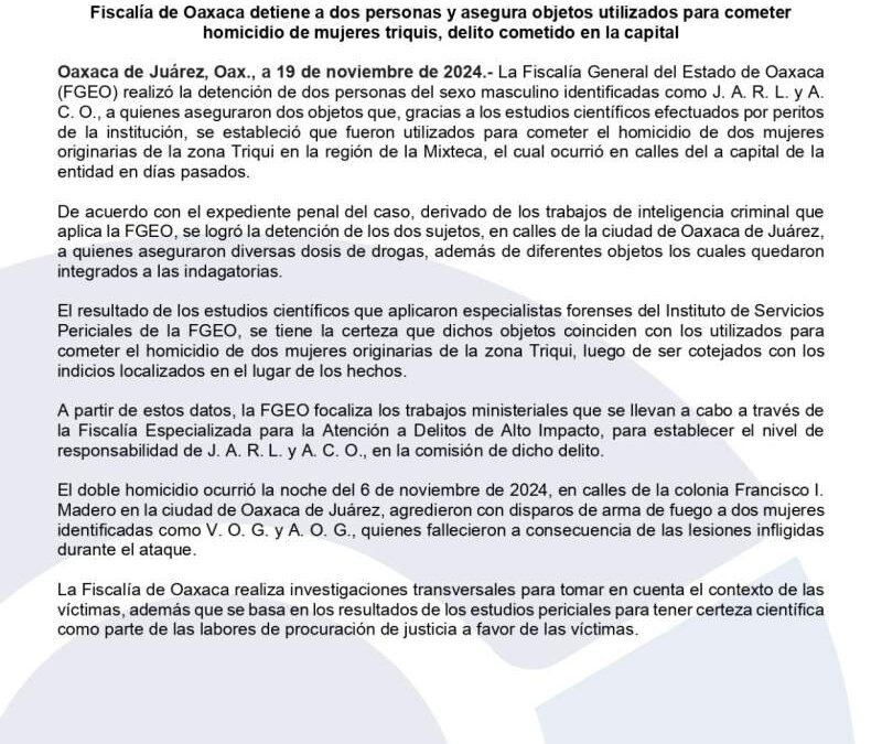 Fiscalía detiene a dos personas y asegura objetos utilizados para cometer homicidio de mujeres triquis