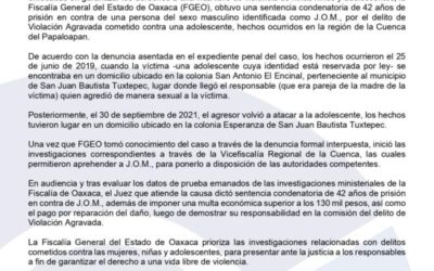 Por violación de adolescente recibe sentencia de 42 años en la Cuenc del Papaloapan