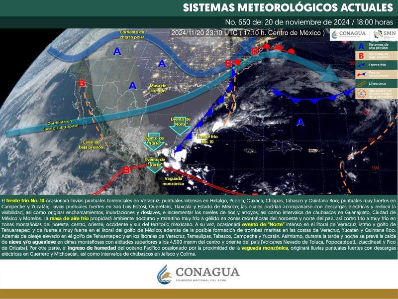 El frente frío No. 10 originará lluvias fuertes a puntuales torrenciales en el oriente, centro y sureste mexicano; además de la Península de Yucatán.