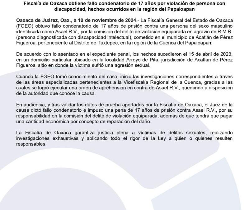 Violo a persona con discapacidad en la Cuenca, Fiscalía logra lo sentencien a 17 años de prisión