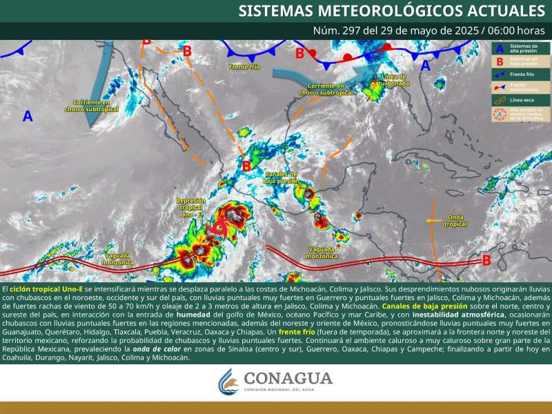 Lluvias fuertes a puntuales muy fuertes en el occidente, centro, sur y sureste de México