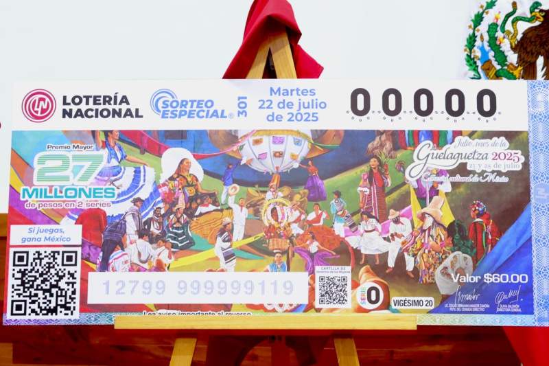 Develan Salomón Jara y Lotería Nacional billete del Sorteo Especial en honor a la Guelaguetza 2025