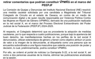 Ordena el INE a la red social X y al portal La Garrapata – 22, borrar una publicación por Violencia de Género