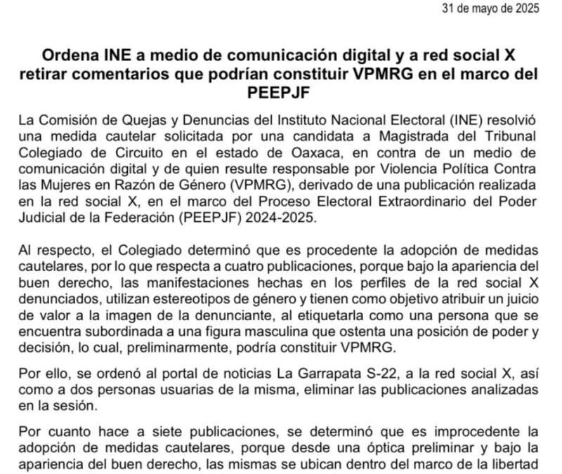 Ordena el INE a la red social X y al portal La Garrapata – 22, borrar una publicación por Violencia de Género