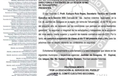 Por violencia en el Istmo, suspende clases la Sección 22