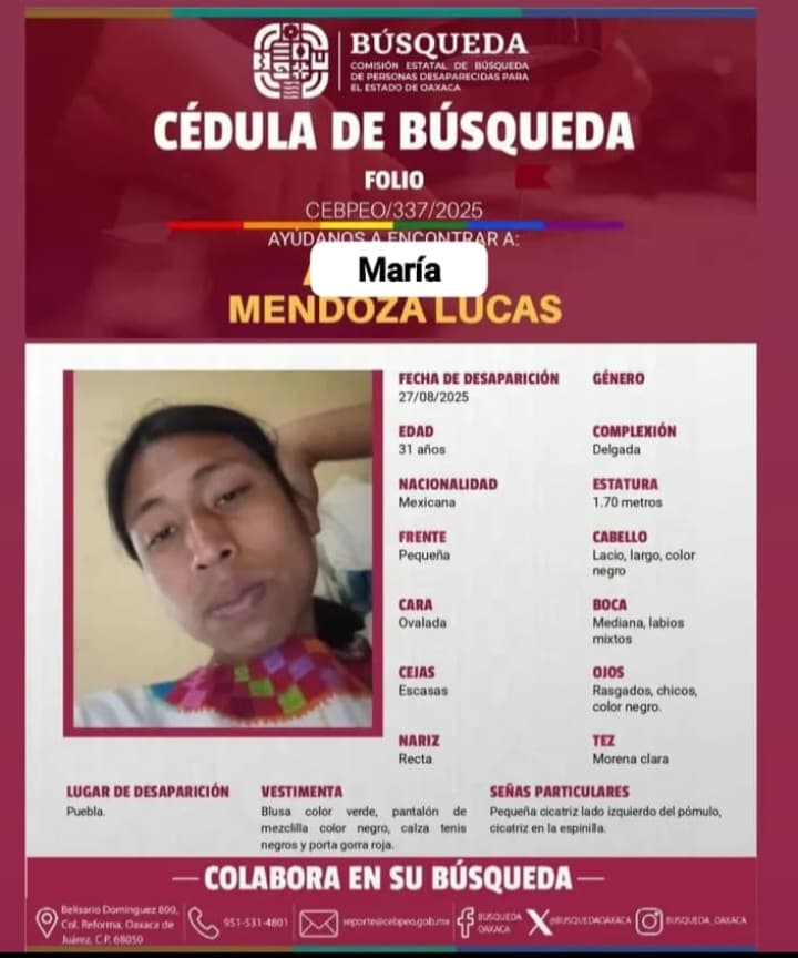 Organizaciones en Oaxaca solicitan apoyo para la búsqueda y localización de la activista María Mendoza Lucas