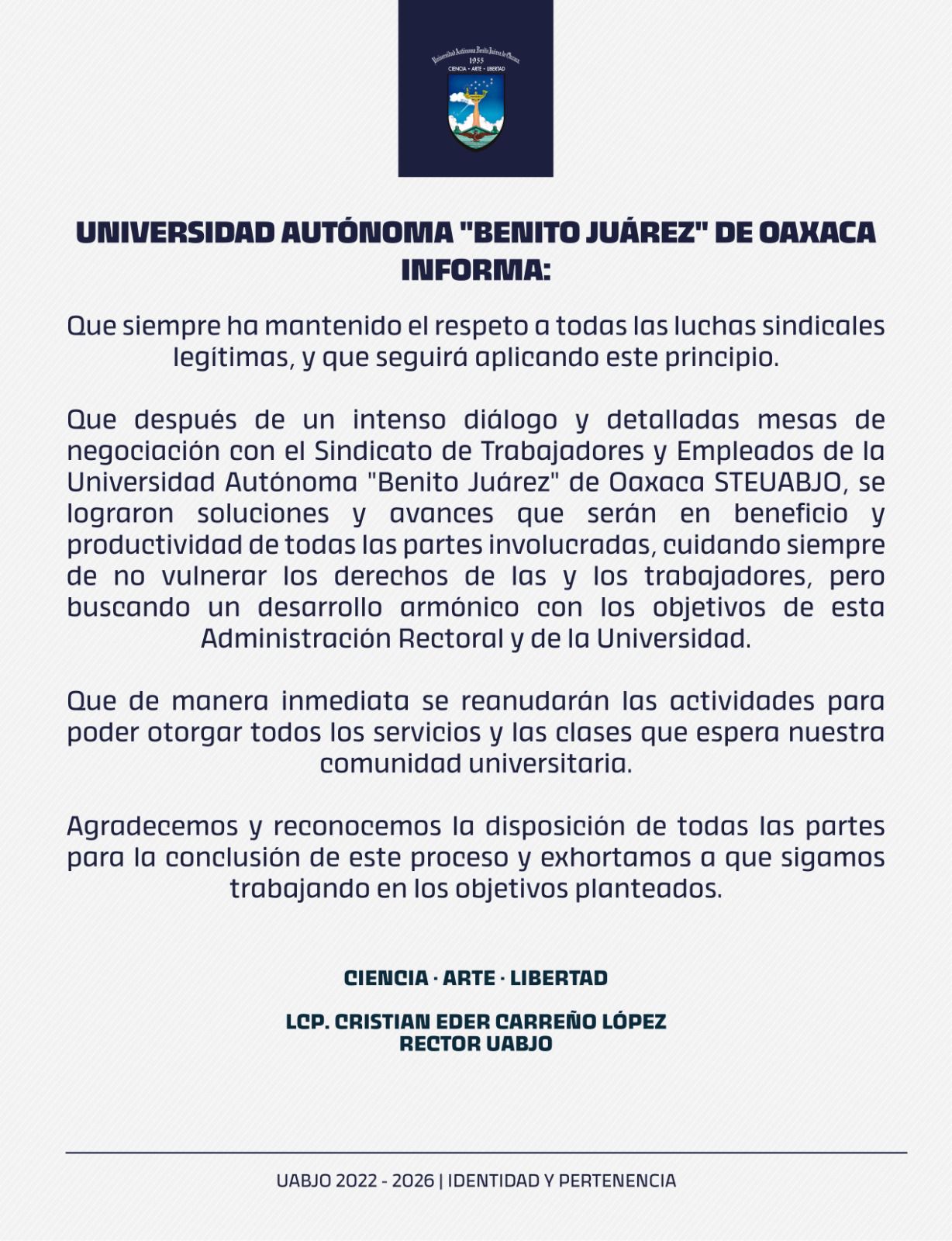 La Universidad Autónoma "Benito Juárez" de Oaxaca informa: