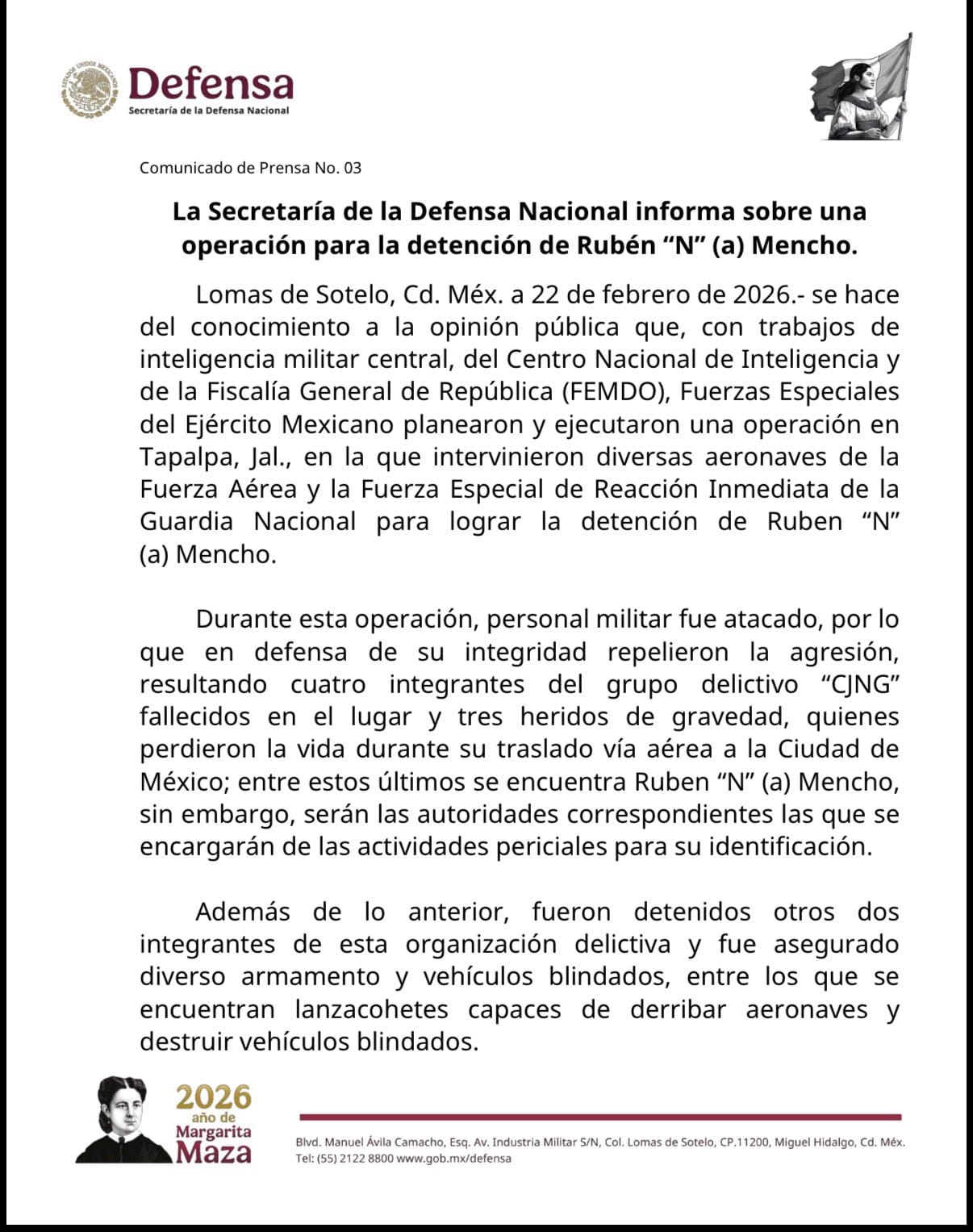 Confirma la Secretaría de la Defensa Muerte del “Mencho”