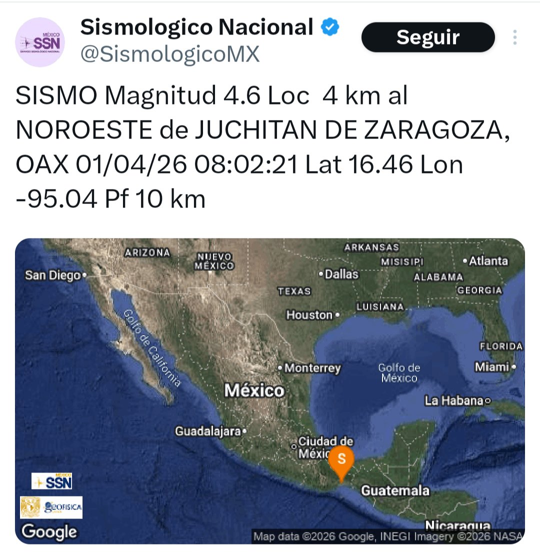 Se registra sismo de 4.6 grados en Oaxaca, con epicentro en Juchitan de Zaragoza