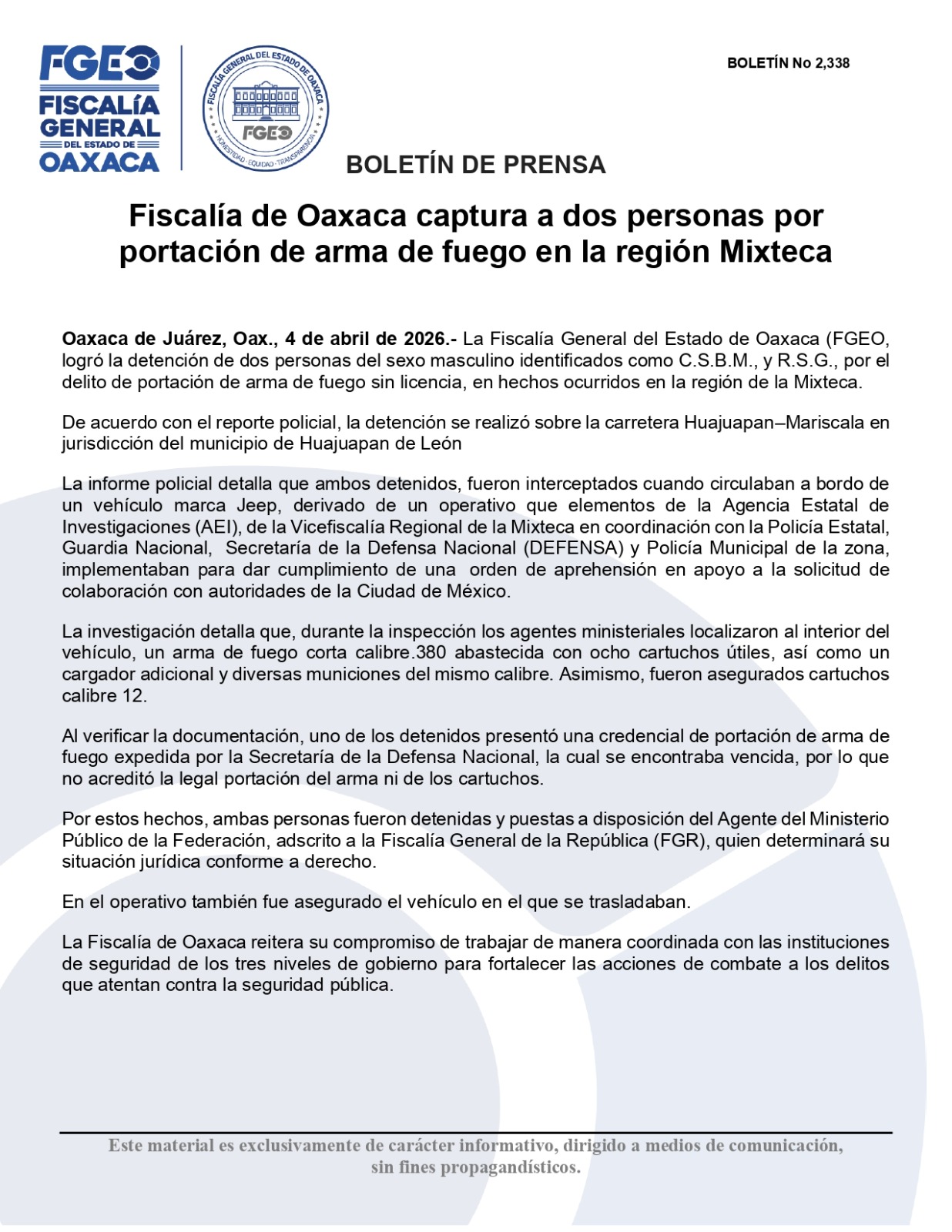 Fiscalía de Oaxaca captura a dos personas por portación de arma de fuego en la región Mixteca