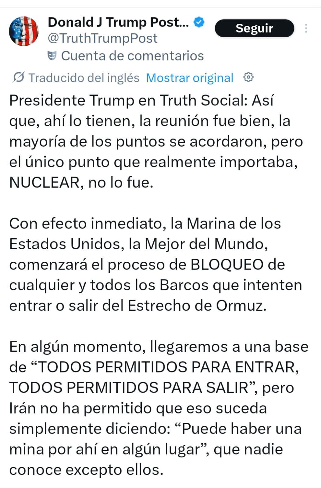 El presidente de EEUU Donald Trump anunció el próximo bloqueo del estrecho de #Ormuz tras el fracaso de las negociaciones con Irán