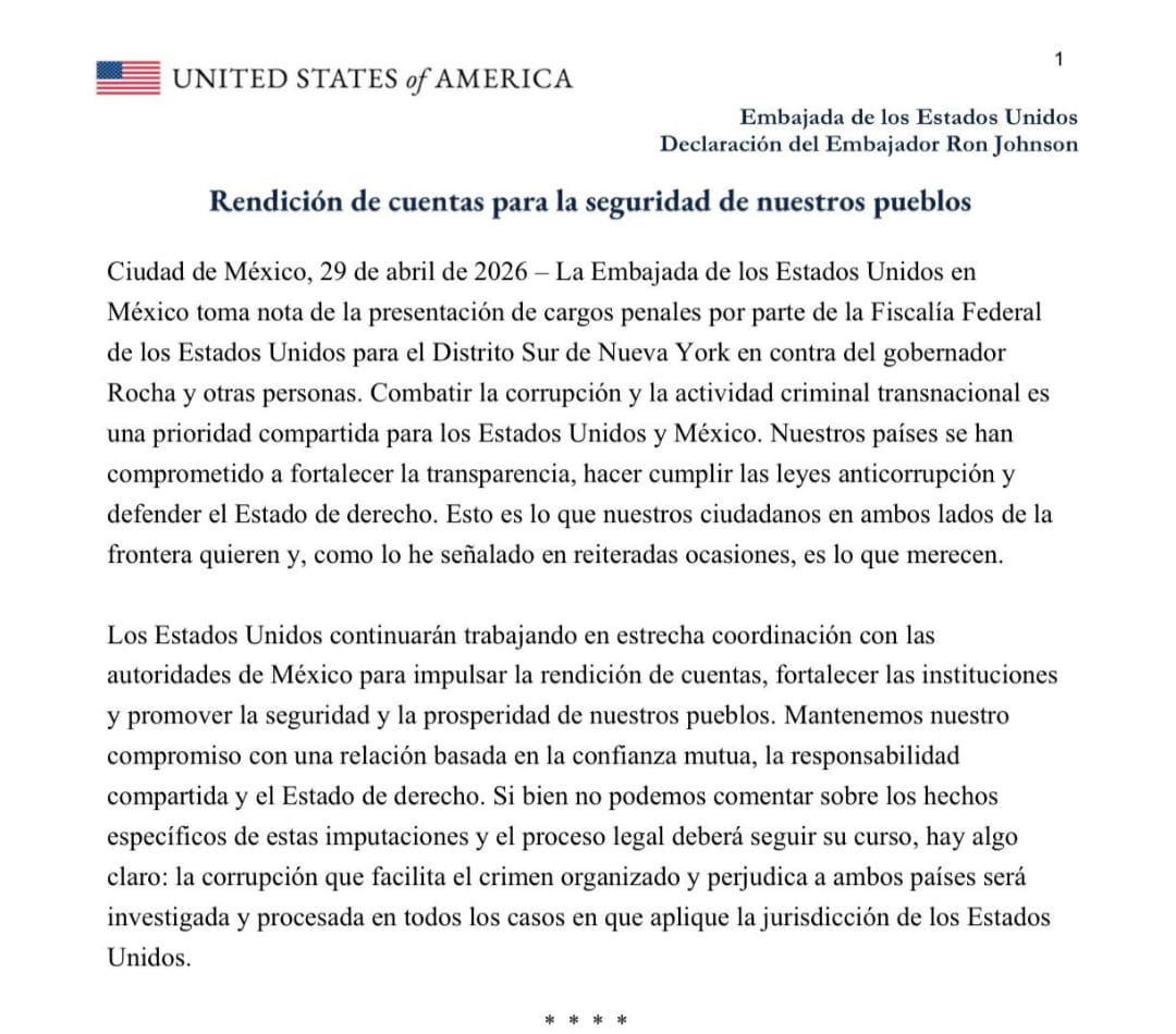 Señala Estados Unidos de narcotráfico a Gobernador de Sinaloa
