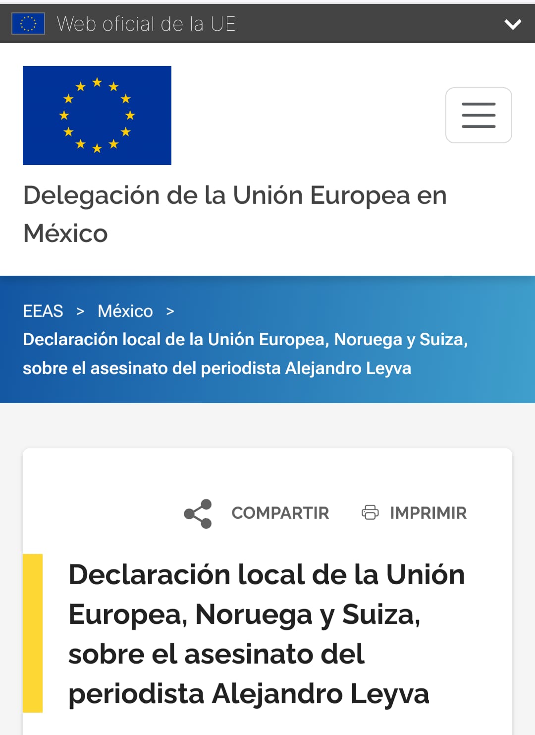 Declaración local de la Unión Europea, Noruega y Suiza, sobre el asesinato del periodista Alejandro Leyva