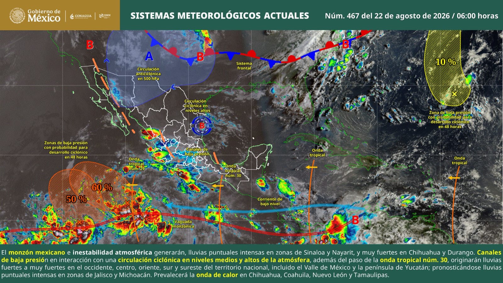 HOY SE PREVÉN LLUVIAS INTENSAS EN ZONAS DE SINALOA, NAYARIT, JALISCO Y MICHOACÁN