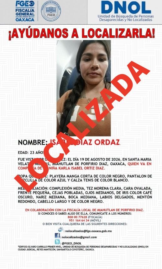 Fiscalía de Oaxaca localiza a mujer y a su hija reportadas como no localizadas