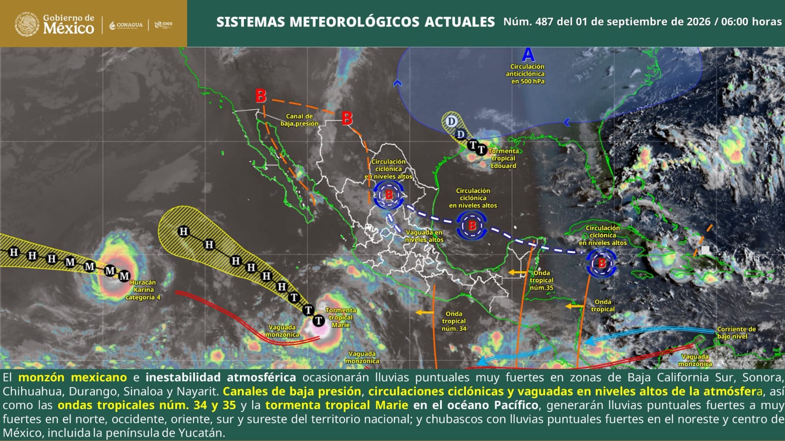 ESTE DÍA SE PRONOSTICAN LLUVIAS FUERTES A MUY FUERTES EN 26 ENTIDADES DE LA REPÚBLICA MEXICANA