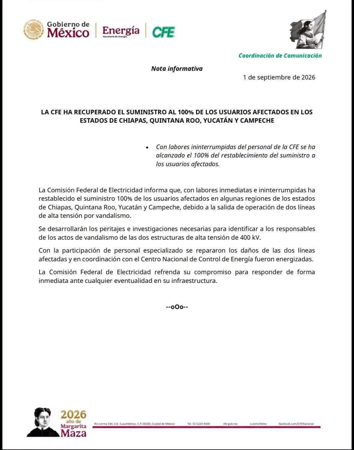 Por actos de vandalismo en 2 líneas de alta tensión de CFE se queda sin luz zonas en Yucatán, Quintana Roo, Campeche y Chiapas